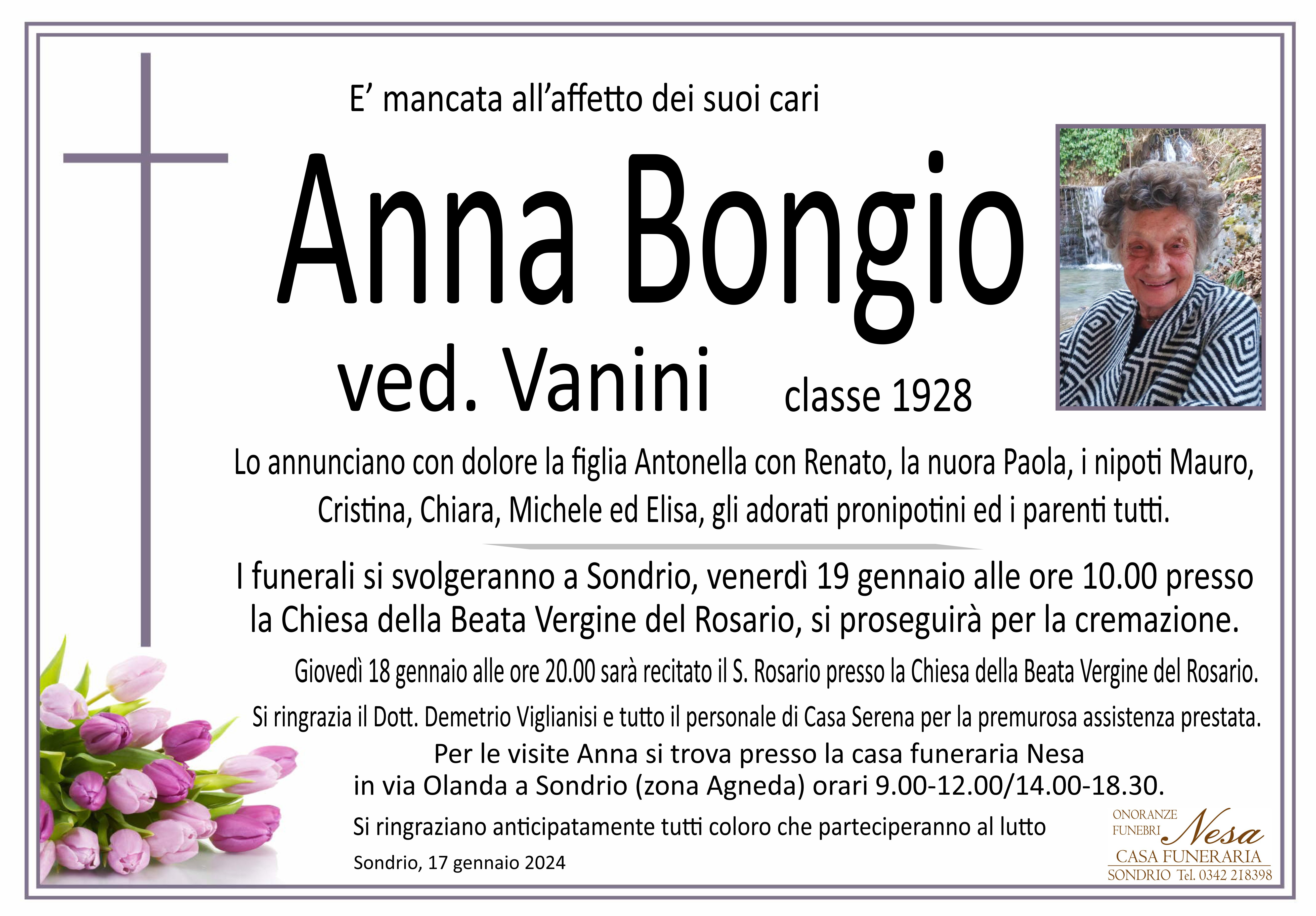 Necrologio Anna Bongio ved. Vanini